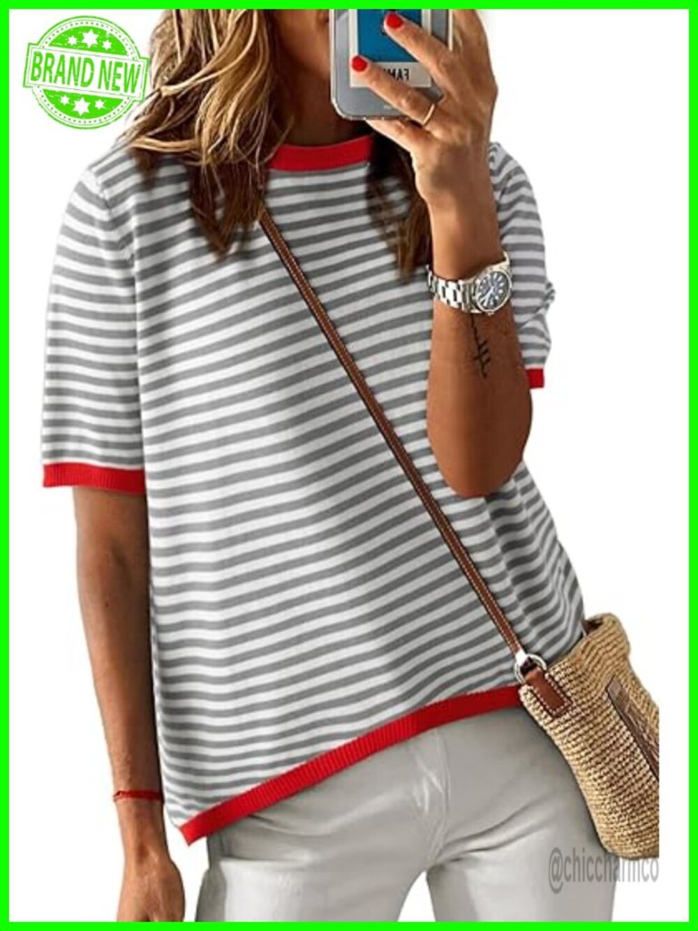 Striped Color Block Knit Pullover Sweater High Low Crewneck Short Sleeve Trendy